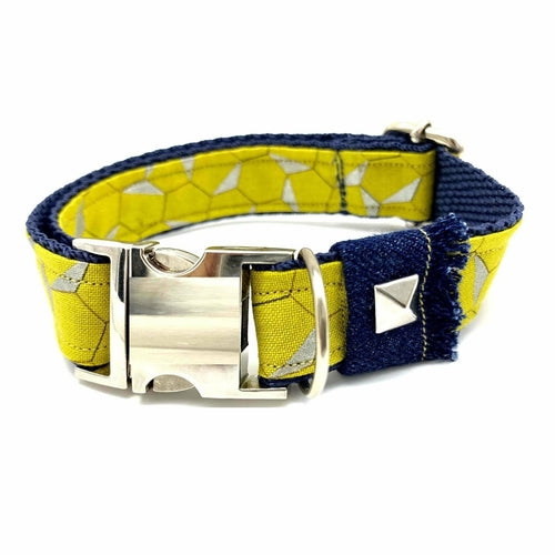 Mustard Honeycomb Frayed Denim Dog Collar