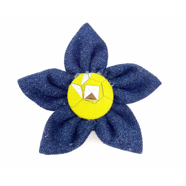 Mustard Honeycomb Denim Dog Collar Flower