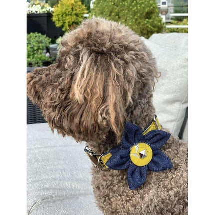 Mustard Honeycomb Denim Dog Collar Flower