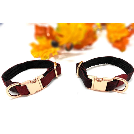 Light Burgundy Denim Dog Collar With Rose Gold Hardware