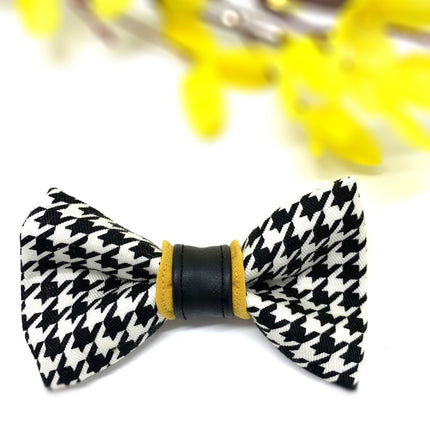 Houndstooth Mustard With Real Leather Accent Collar & Bow Tie
