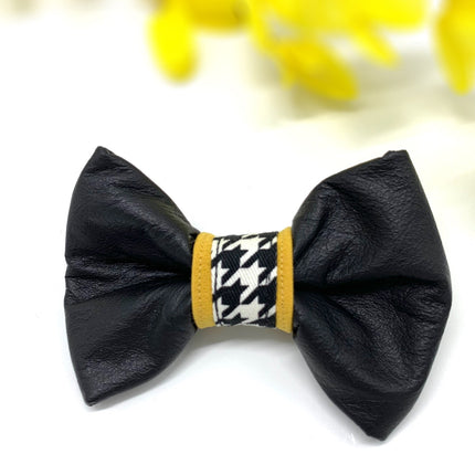 Genuine Leather Mustard Houndstooth Collar & Bow Tie