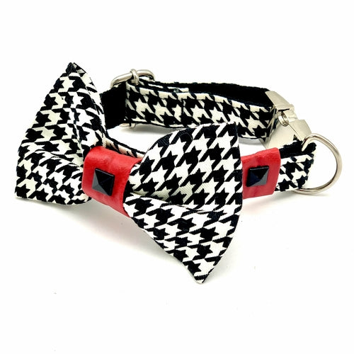 Red Leather Houndstooth Collar Bow Tie Set