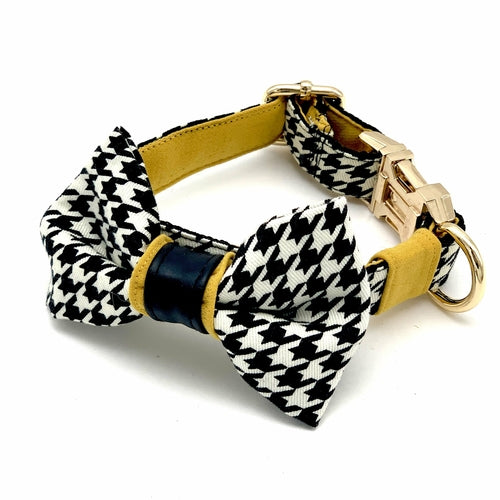 Houndstooth Mustard With Real Leather Accent Collar & Bow Tie