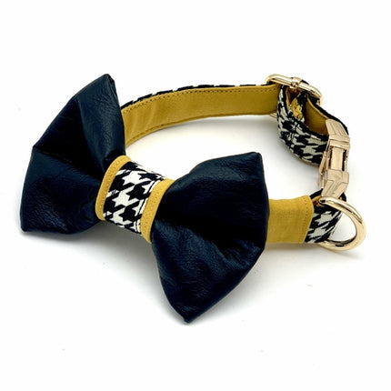 Genuine Leather Mustard Houndstooth Collar & Bow Tie