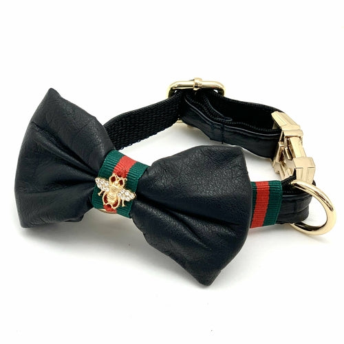 Genuine Black Leather Designer Collar & Bow Tie