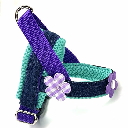 Summer Turquoise & Purple Floral Denim Dog Harness