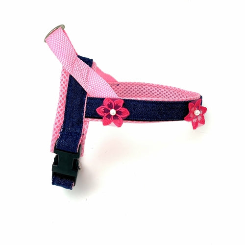 Summer Pink Floral Denim Dog Harness