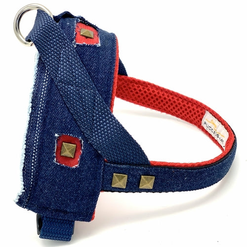 Frayed Denim & Red Harness With Bronze Studs