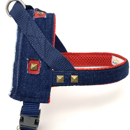 Frayed Denim & Red Harness With Bronze Studs