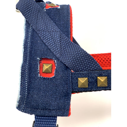 Frayed Denim & Red Harness With Bronze Studs
