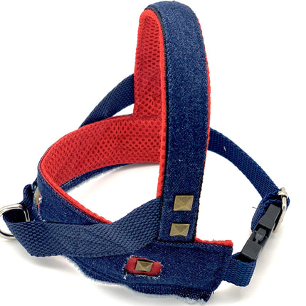 Frayed Denim & Red Harness With Bronze Studs
