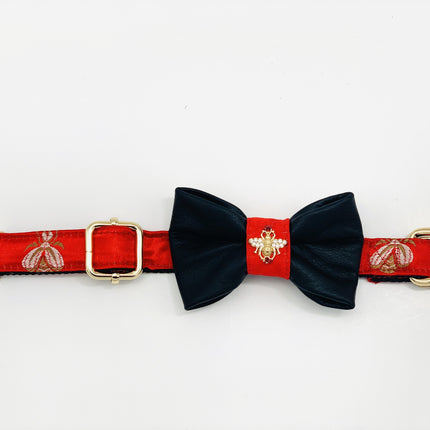 Real Black Leather Bow Tie & Red Collar Set