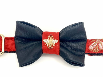 Real Black Leather Bow Tie & Red Collar Set