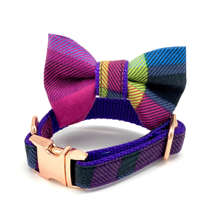 Tartan purple dog collar bow tie set
