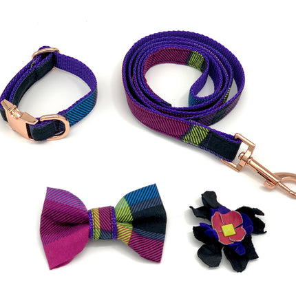 Tartan purple dog collar bow tie set