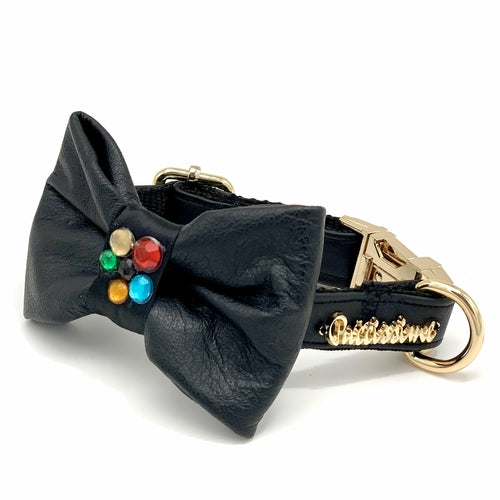 Genuine Black Leather Crystal Collar & Bow Tie