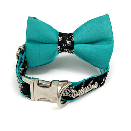 Satin Turquoise Forest Dog Collar Bow Tie Set
