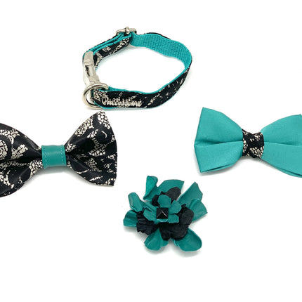Satin Turquoise Forest Dog Collar Bow Tie Set