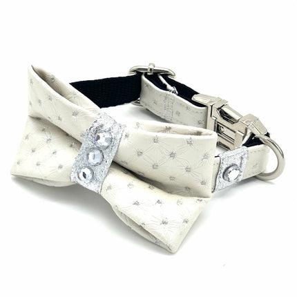 White Glitter Leather Dog Collar & Bow Tie Set With Swarovski Crystals
