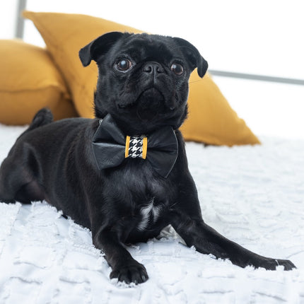 Genuine Leather Mustard Houndstooth Collar & Bow Tie