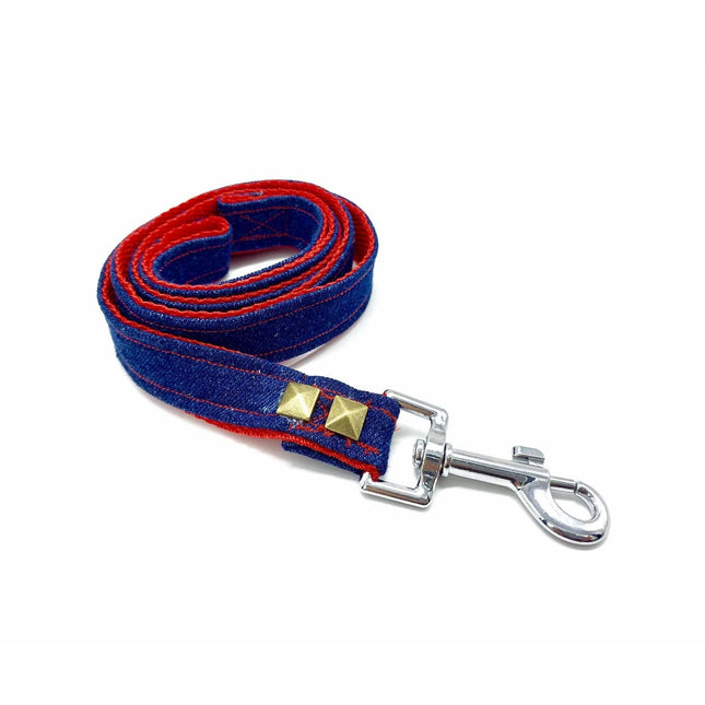 Frayed Denim & Red Dog Leash With Bronze Studs