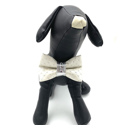 White & Silver Glitter Leather Dog Bow Tie With Swarovski Crystals