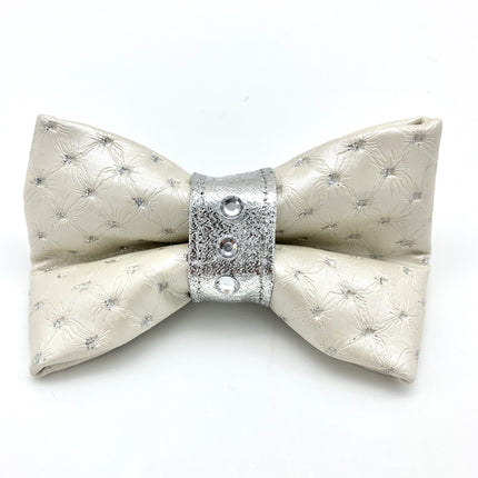 White & Silver Glitter Leather Dog Bow Tie With Swarovski Crystals
