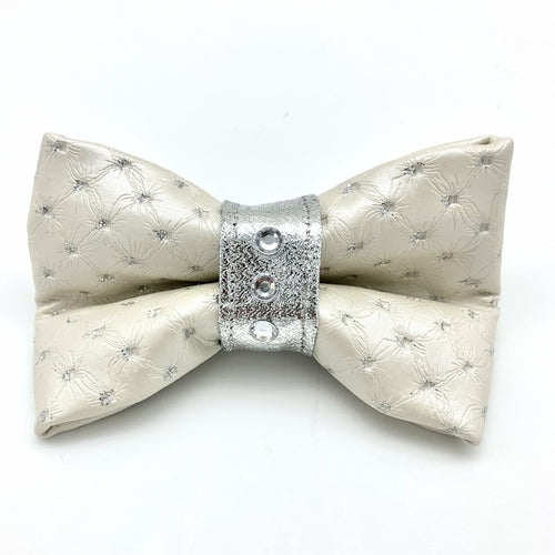 White Glitter Leather Dog Collar & Bow Tie Set With Swarovski Crystals