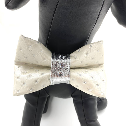 White & Silver Glitter Leather Dog Bow Tie With Swarovski Crystals
