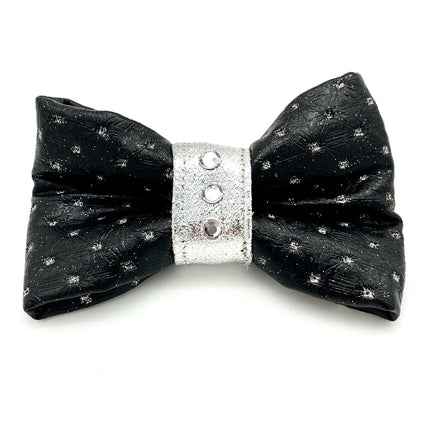 Shiny Black & Silver Glitter Leather dog Bow Tie With Swarovski