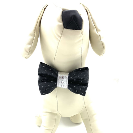 Shiny Black & Silver Glitter Leather Dog Bow Tie With Swarovski