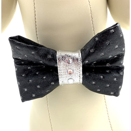 Shiny Black & Silver Glitter Leather Dog Bow Tie With Swarovski