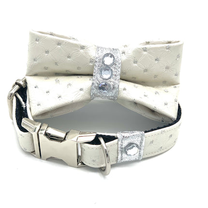 White Glitter Leather Dog Collar & Bow Tie Set With Swarovski Crystals