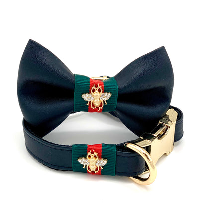 Black Leather Designer Collar, Leash & Bow Tie