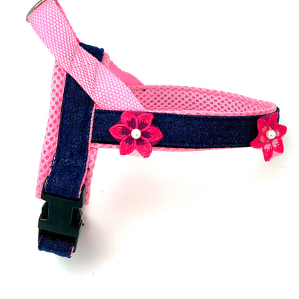 Summer Pink Floral Denim Dog Harness