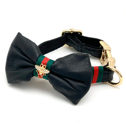 Genuine Black Leather Designer Collar & Bow Tie