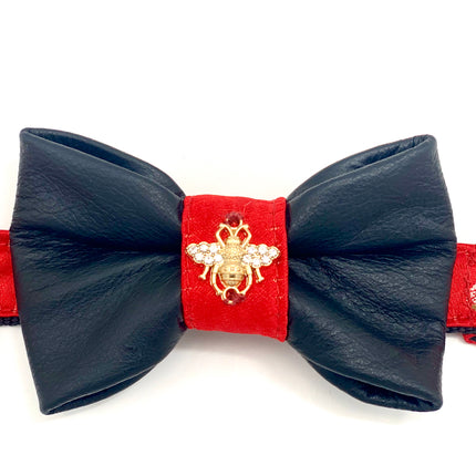 Real Black Leather Bow Tie & Red Collar Set