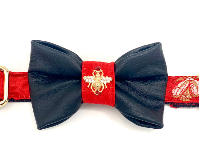Real Black Leather Bow Tie & Red Collar Set