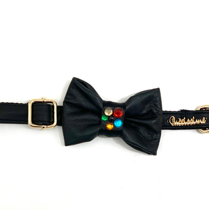Genuine Black Leather Crystal Collar & Bow Tie