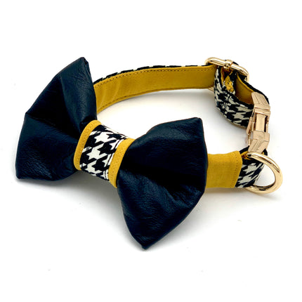 Genuine Leather Mustard Houndstooth Collar & Bow Tie