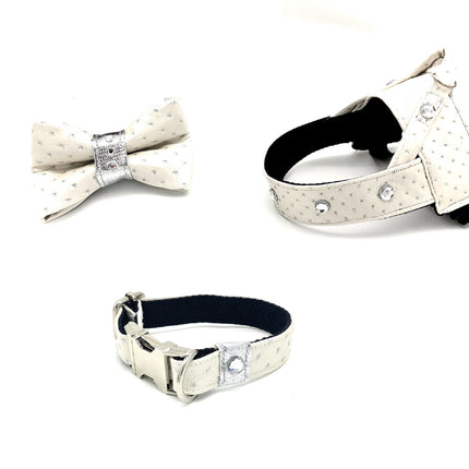 White Glitter Leather Dog Collar & Bow Tie Set With Swarovski Crystals