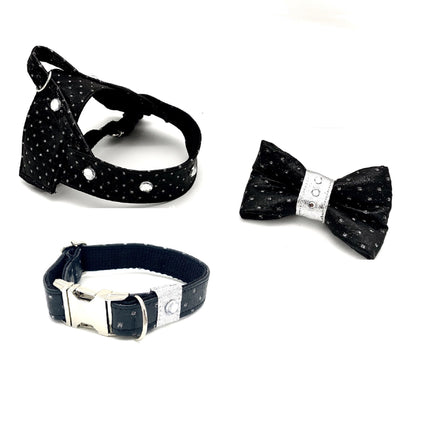 Shiny Black & Silver Glitter Leather Dog Bow Tie With Swarovski