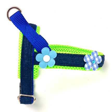 3D Neon & Blue Floral Denim Dog Harness