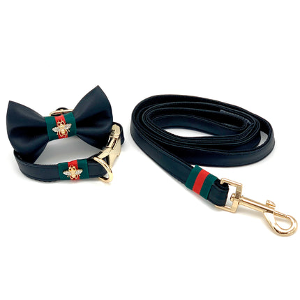Black Leather Designer Collar, Leash & Bow Tie