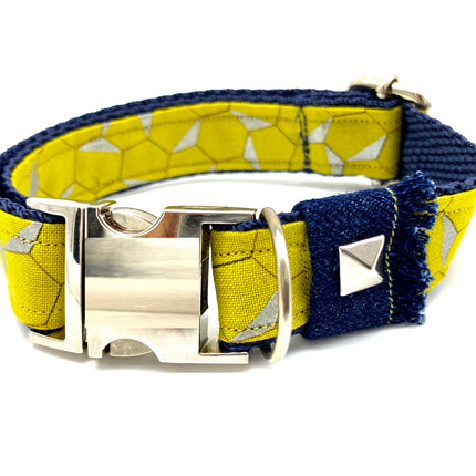 Mustard Honeycomb Frayed Denim Dog Collar