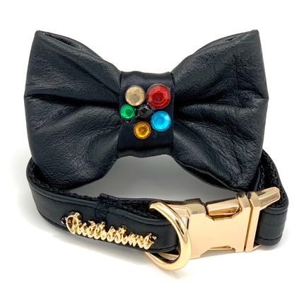 Genuine Black Leather Crystal Collar & Bow Tie